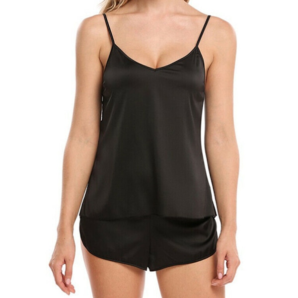 Dam Lounge Wear Axelbandslinne Ärmlös Väst Toppar Shorts Sovkläder Black L