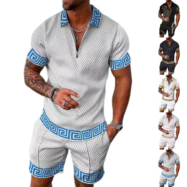 Herrar Casual 3D Tryckt POLO Skjorta Set Sportkläder Set Mode Sommar Kortärmad T-shirt Shorts Set Man Tracksuit C M