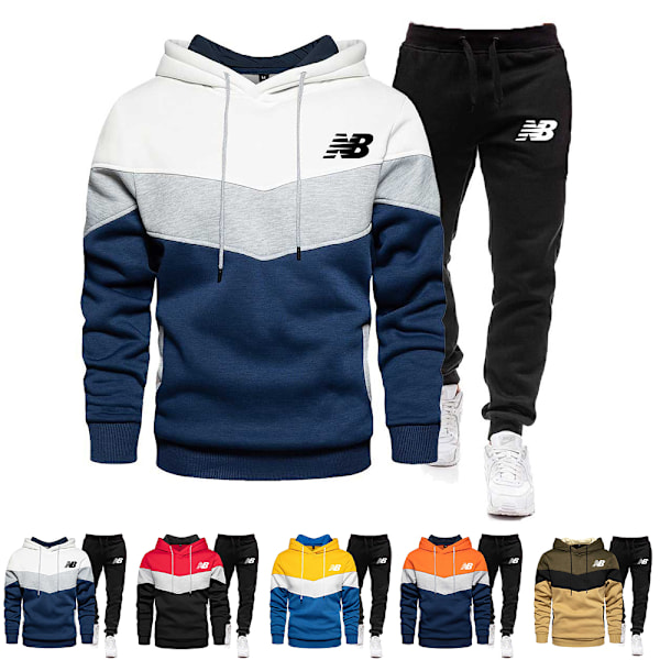 Män Färgblock Huvtröja Tröja + Byxor Sport Jogging Tröja Outfit Set Tracksuit Red XL