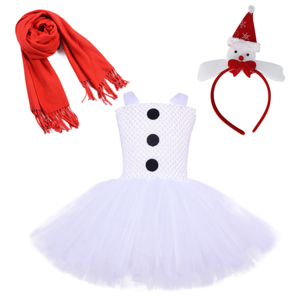 3ST Set White Snowman Dress Hårband + Scarf Juldräkt 90CM