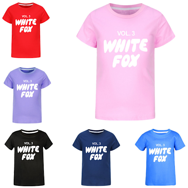 Vita T-shirts med tryck av rävar för pojkar och flickor, söta grafiska tecknade tryck, rund hals, roliga kortärmade toppar, vardaglig vår- och sommar-tröja för barn Dark Blue 140cm