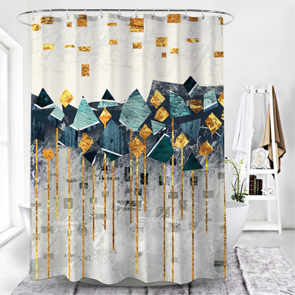 Badrum Geometriskt printed duschdraperi med sexkantskrok A 180*200cm
