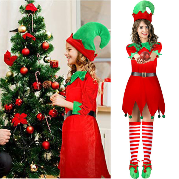 Girl Christmas Elf Kläder Set Outfit med hatt Skor Strumpor 120cm