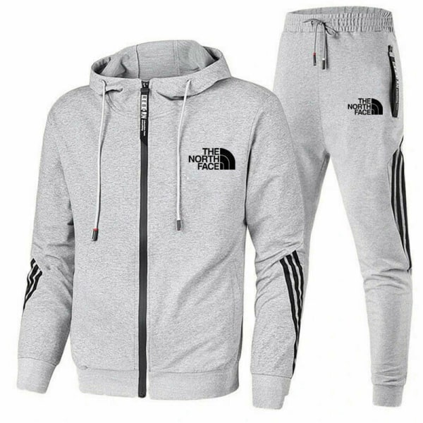 Män Helzippade Tryckt Hoodie Jacka Långa Sweatpants Joggers Sport Gym Tracksuit Set Light Grey XL