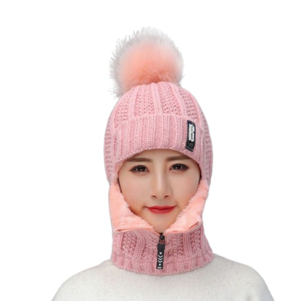 Dam Ull Stickad Hat Ski Hat Vindtät Vinter Outdoor Scarf pink
