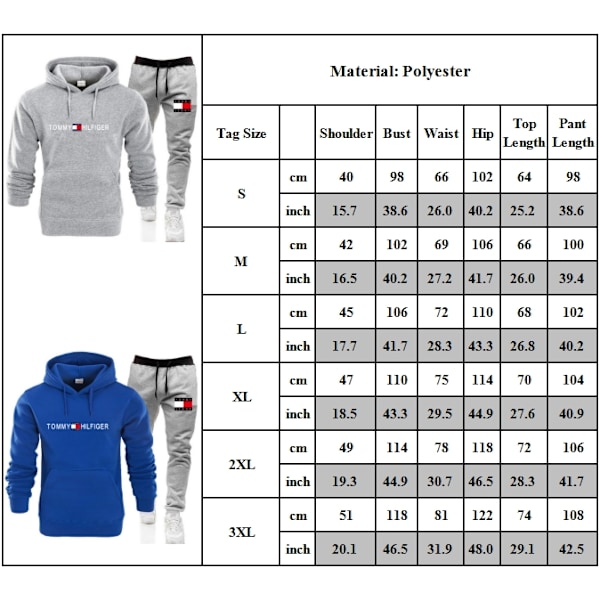 Herrar Tommy Hilfiger Sport Hoodie Tracksuit Set Långärmad Hoodie Sweatshirt Jacka + Joggingbyxor Sweatpants Outfit Fickor Blue 2XL