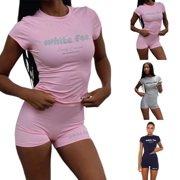White_Fox Boutique Kvinnors Yoga Bekväma Sportkläder Träningsset T-shirt Shorts Light grey S