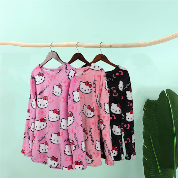 Dam & Flickor Hello Kitty Långärmad Skjorta Byxor Pyjamas Outfit Set Kawaii Pyjamas Black Pink 2XL