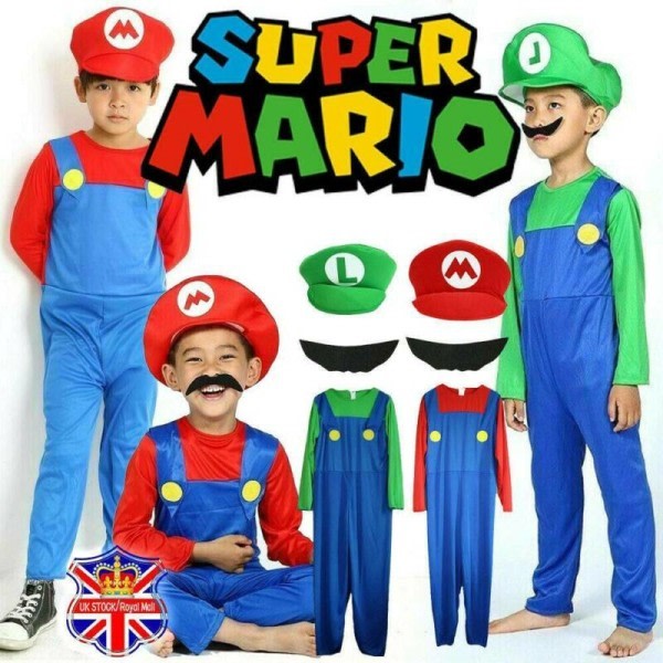 Barn Super Mario Cosplay Party Fancy Dress Kostym Set Men-Green L