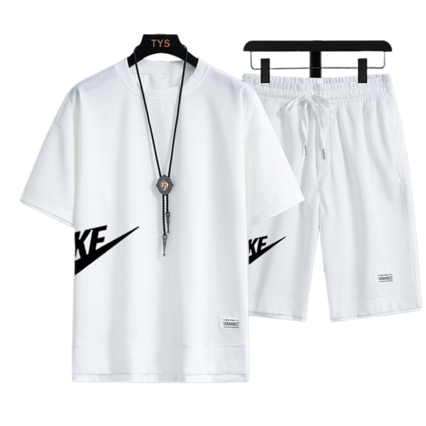 Män Tracksuit Set Sportkläder Kortärmad Toppar Shorts Casual Outfits White L