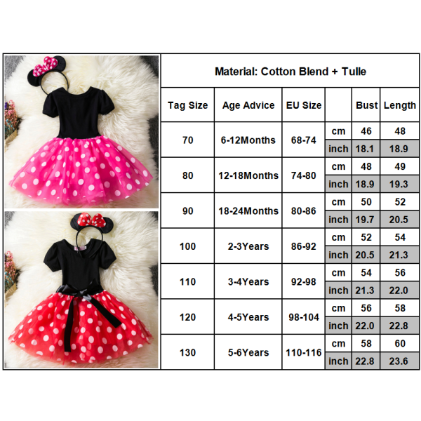 Flickor Minnie Cosplay Pettiskirt Födelsedagsfest Prinsessklänning Rose Red 130cm