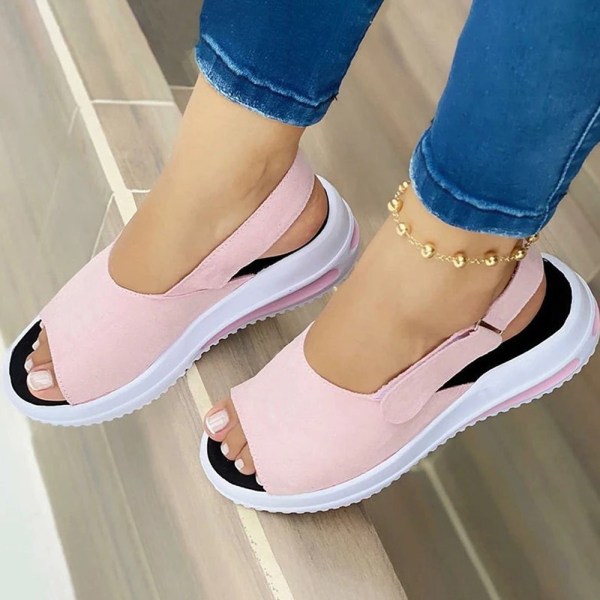 Kvinnans fiskmun platta skor mode sandaler Tofflor Pink 39