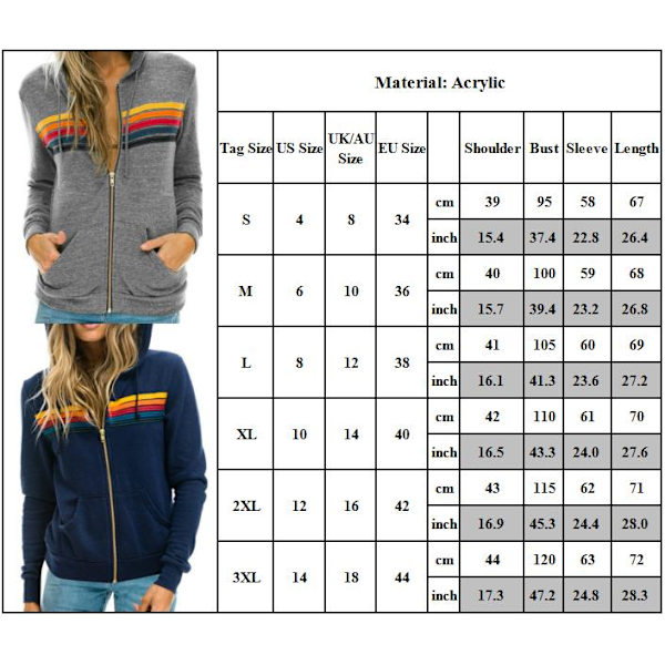 Dam Hoodie med Regnbågsmönster, Dragkedja, Långärmad, Huva, Sweatshirtjacka med Fickor White L