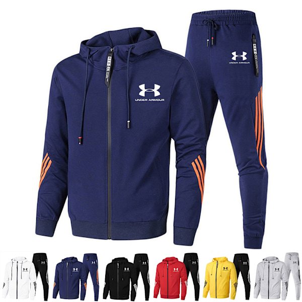 Män Under Armour Sport Huvtröja & Byxor Set Långärmad Hel Dragkedja Hoodie Sweatshirt Jacka + Joggingbyxor Sweatpants Outfit Black 2XL