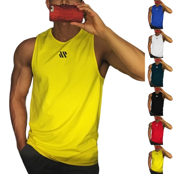 Sportväst Tank Tops Muskel Gym Fitness Bodybuilding Ärmlös T-Shirt Tee för män Yellow 2XL