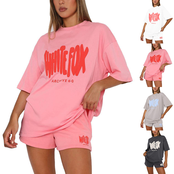 Sommar Dam Vit Räv Träningsdräkt Set 2-Delar T-shirt Shorts Casual Toppar Byxor Hemkläder Sportkläder Pink S