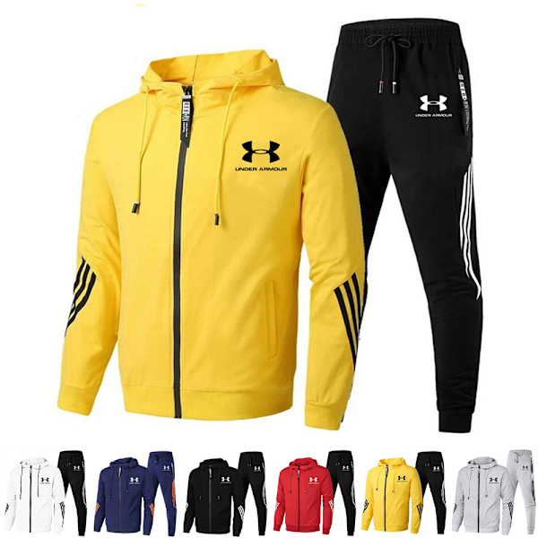 Män Under Armour Sport Huvtröja & Byxor Set Långärmad Hel Dragkedja Hoodie Sweatshirt Jacka + Joggingbyxor Sweatpants Outfit Black L