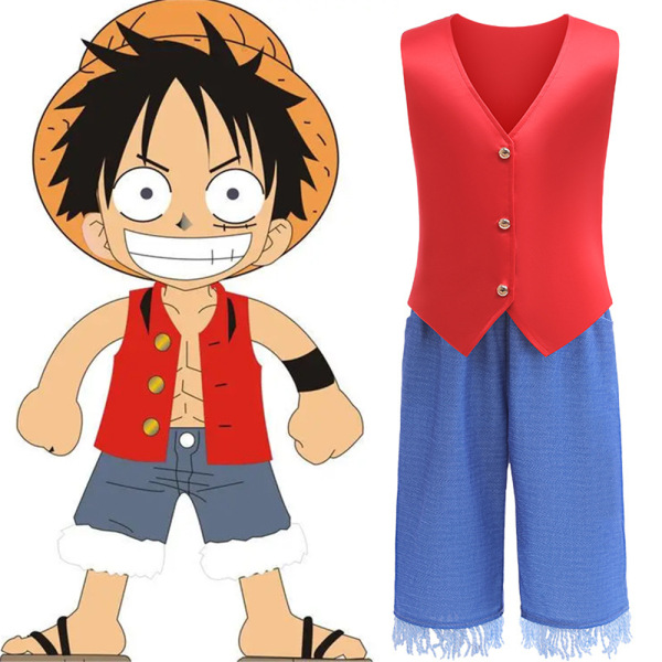 One Piece Monkey D Luffy Kids Cosplay Kostym Röda västbyxor 130cm