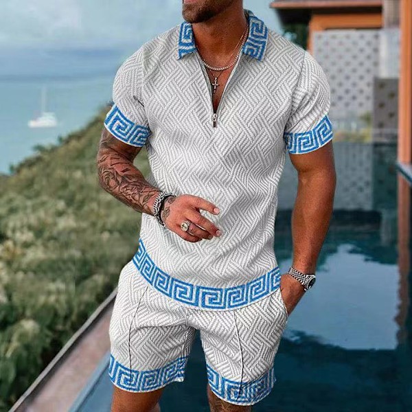 Herrar Casual 3D Tryckt POLO Skjorta Set Sportkläder Set Mode Sommar Kortärmad T-shirt Shorts Set Man Tracksuit C M