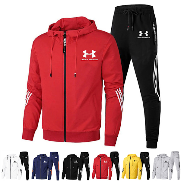 Män Under Armour Sport Huvtröja & Byxor Set Långärmad Hel Dragkedja Hoodie Sweatshirt Jacka + Joggingbyxor Sweatpants Outfit Black M