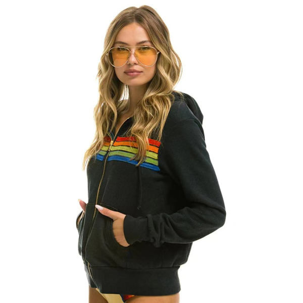 Dam Hoodie med Regnbågsmönster, Dragkedja, Långärmad, Huva, Sweatshirtjacka med Fickor Black L