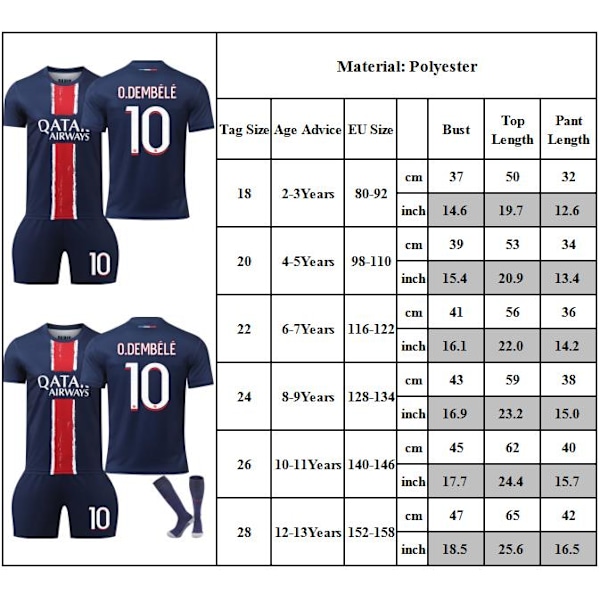 24-25 Paris Tröja Barn Fotbollströja Kit #10 O.DEMBELE Fotbollsdräkter 22