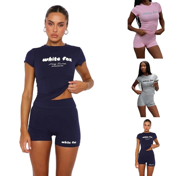 Vit_Fox Boutique Kvinnor Yoga Bekväma Sportkläder Träningsoverall Set T-shirt Shorts Light grey XL