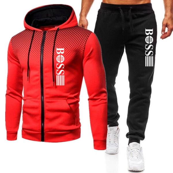 Män Helzippade Tryckt Hoodie Jacka Långa Sweatpants Joggers Sport Gym Tracksuit Set Red-Black 3XL