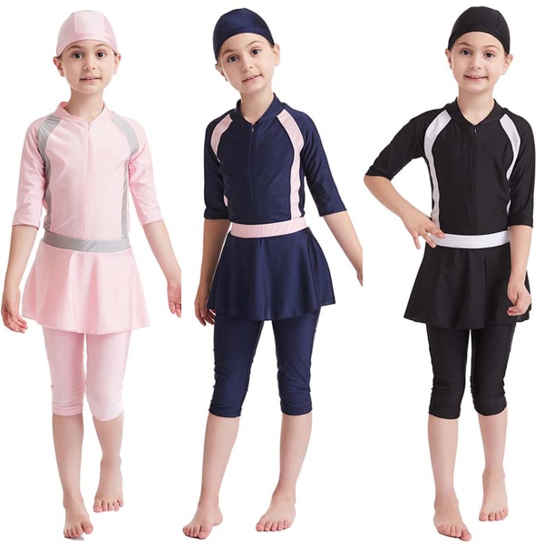 Flickor Barn Muslimska Baddräkt Modest Swim Islamiska Badkläder Burkini Baddräkt Set Navy blue 130cm