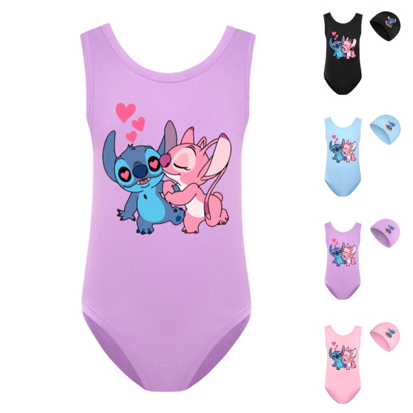 Flickor Lilo och Stitch Badkläder Simdräkt Baddräkt Bikinihatt 2st/ set Black 140cm