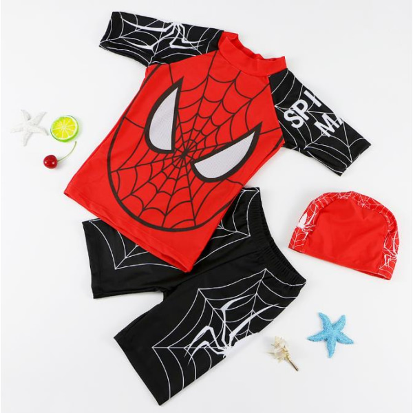 Barn Pojkar Spiderman Cosplay Badkläder Surfdräkt Top Shorts Cap Baddräkt Set Black 3XL