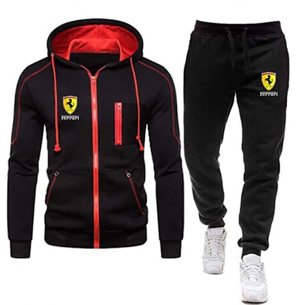 Män Sport Huvtröja Tracksuit Set Långärmad Full Zip Hoodie Sweatshirt Jacka + Joggingbyxor Sweatpants Outfit Fickor Black S