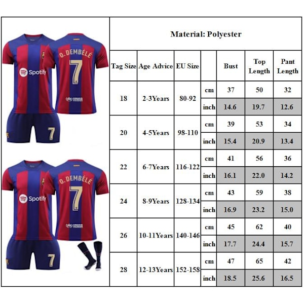 23-24 Ny Barcelona Tröja Barn Fotbollströja Kit #7 O.DEMBELE Fotbollsdräkter 18