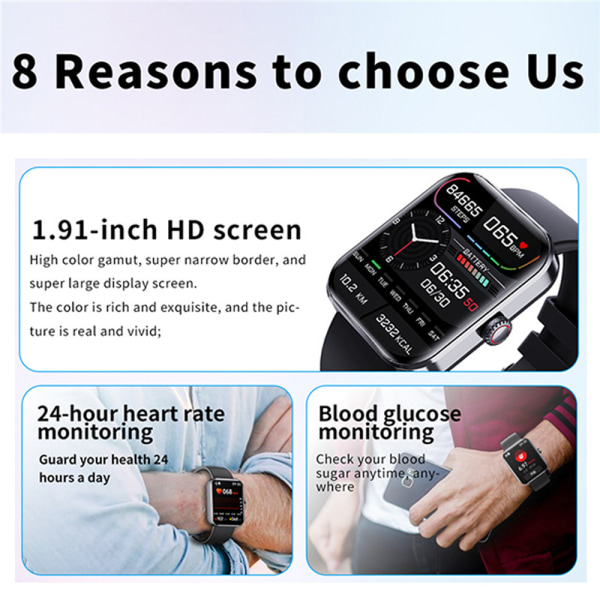 Unisex Smartwatch Heart Rate Blodsockermätare Smart Watch för Android iOS Black