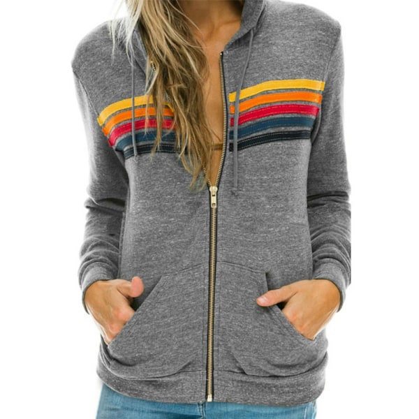 Dam Hoodie med Regnbågsmönster, Dragkedja, Långärmad, Huva, Sweatshirtjacka med Fickor Grey 3XL