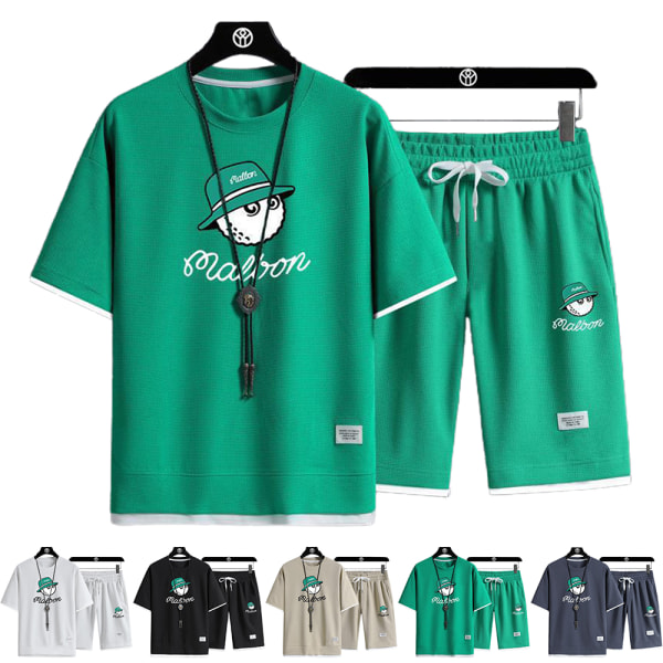 Herr Malbon Träningsoverall Set Sportkläder Kortärmad Topp Shorts Sommar Casual Street Green XL