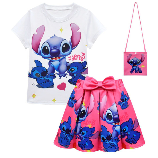 3st/ set Barn Flickor Lilo och Stitch T-shirt+plisserade kjolar+väskor Set Festklänning Rose red 150cm