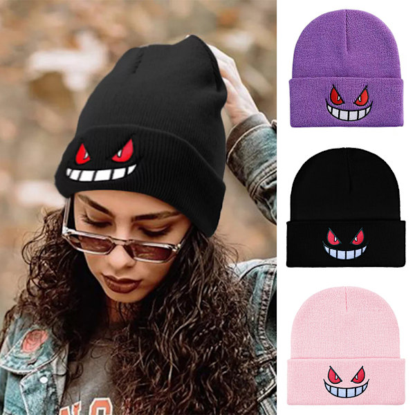 Unisex Gengar Beanie - Stickad Mjuk och Tjock Varma Mössa med Broderi Black