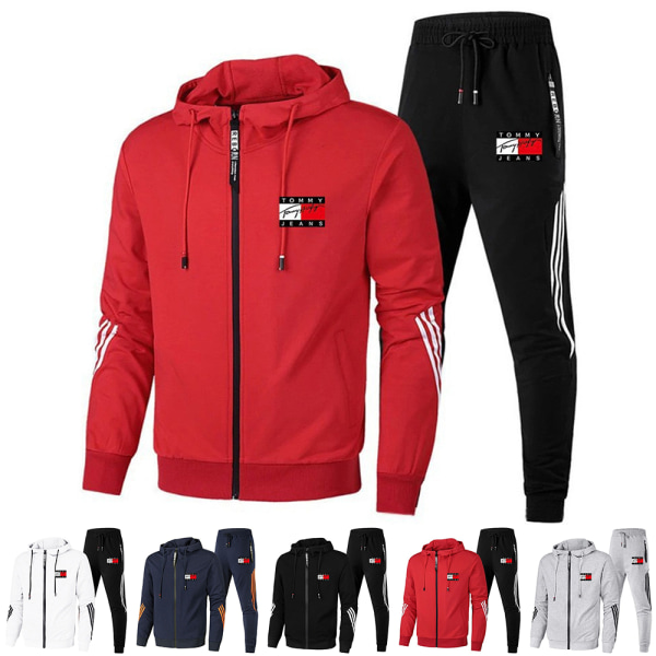 Männs TomyJeans Helzippade Varma Hoodie Toppar & Joggingbyxor Jacka Träningsdräkt Set White 3XL