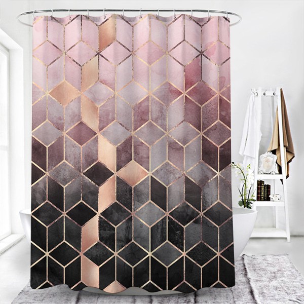 Badrum Geometriskt printed duschdraperi med sexkantskrok C 180*180cm