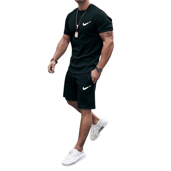 Herrar Sommar Casual Tracksuit Kortärmad Topp & Shorts Sportset Utomhus Träning T-shirts Shorts Sportkläder Black 5XL