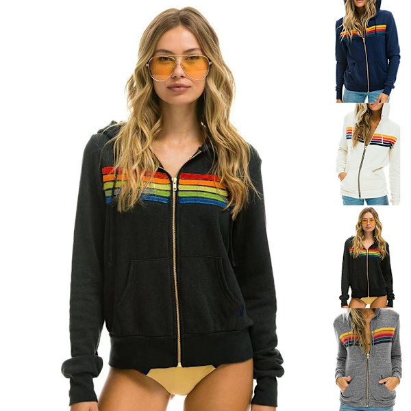 Dam Hoodie med Regnbågsmönster, Dragkedja, Långärmad, Huva, Sweatshirtjacka med Fickor Black L