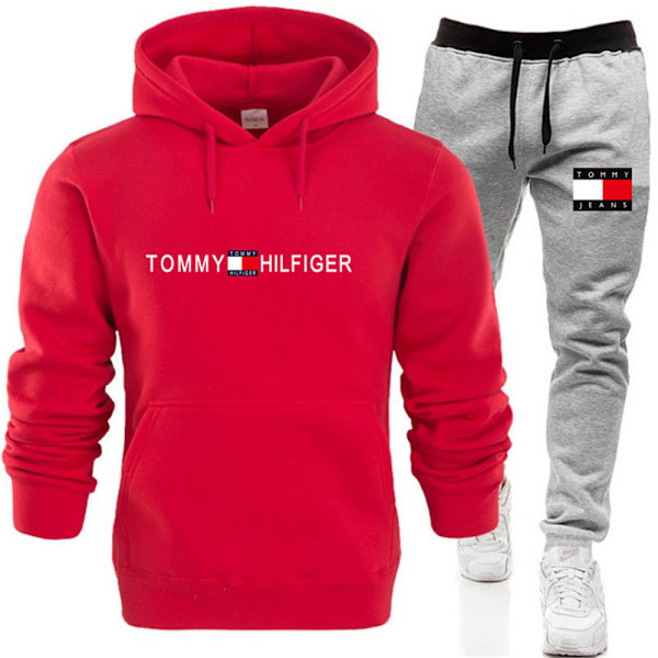 Herrar Tommy Hilfiger Sport Hoodie Tracksuit Set Långärmad Hoodie Sweatshirt Jacka + Joggingbyxor Sweatpants Outfit Fickor Red 2XL