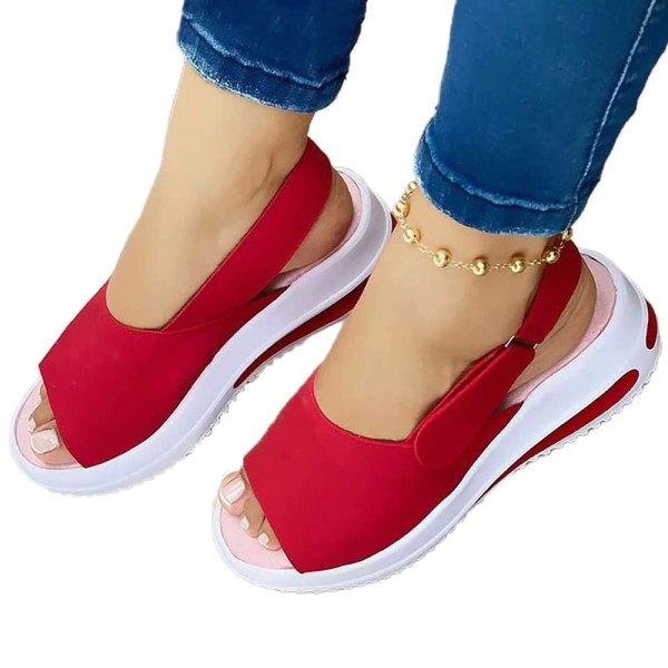 Kvinnans fiskmun platta skor mode sandaler Tofflor Red 4-5Y