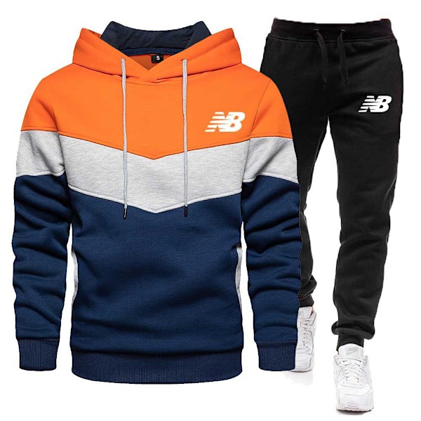 Män Färgblock Huvtröja Tröja + Byxor Sport Jogging Tröja Outfit Set Tracksuit Orange 2XL