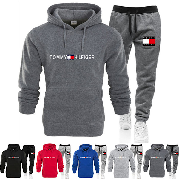 Herrar Tommy Hilfiger Sport Hoodie Tracksuit Set Långärmad Hoodie Sweatshirt Jacka + Joggingbyxor Sweatpants Outfit Fickor Light Grey S