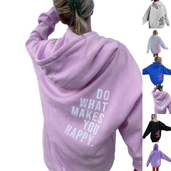 Womens Do What Makes You Happy Hoodie Sweatshirt Pullover Oversized Jumper Tops Light Purple 2XL