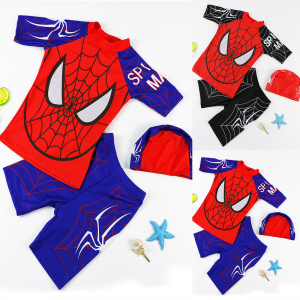 Barn Pojkar Spiderman Cosplay Badkläder Surfdräkt Top Shorts Cap Baddräkt Set Black 2XL