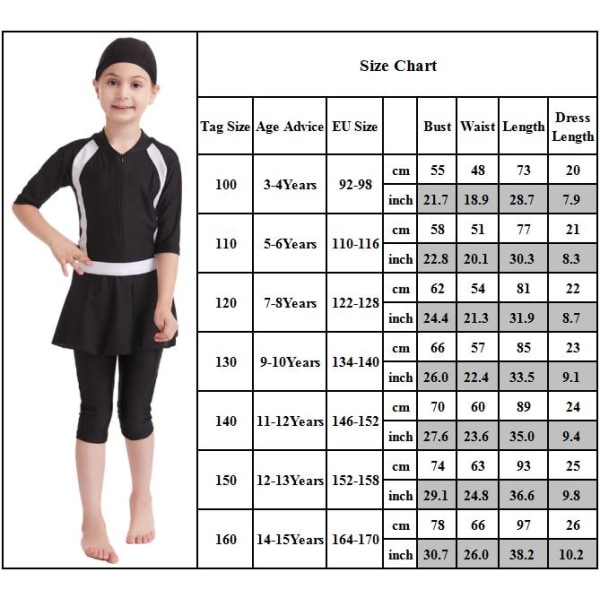 Flickor Barn Muslimska Baddräkt Modest Swim Islamiska Badkläder Burkini Baddräkt Set Black 100cm