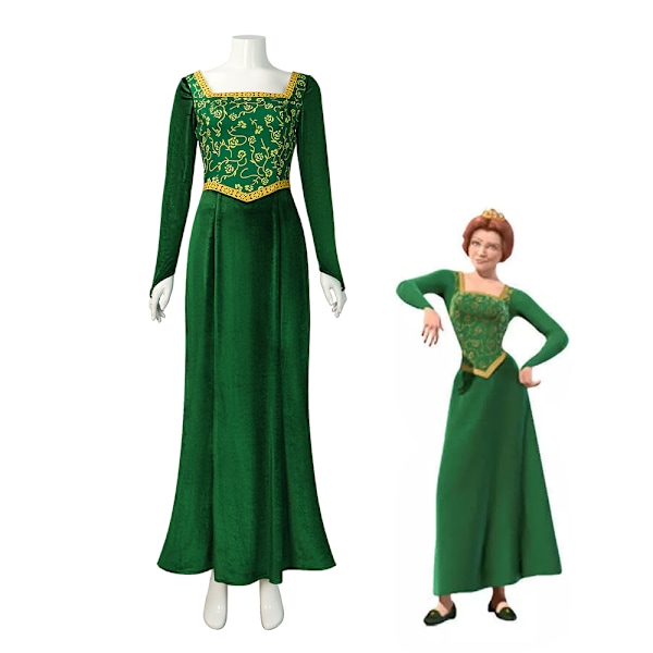 Naisten Prinsessa Fiona -asu Vihreä mekko Pitkähihainen Tyttöjen Halloween Cosplay Pukeutuminen L